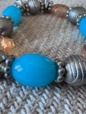 Blue Beaded Stretch Bracelet with Silver Accents